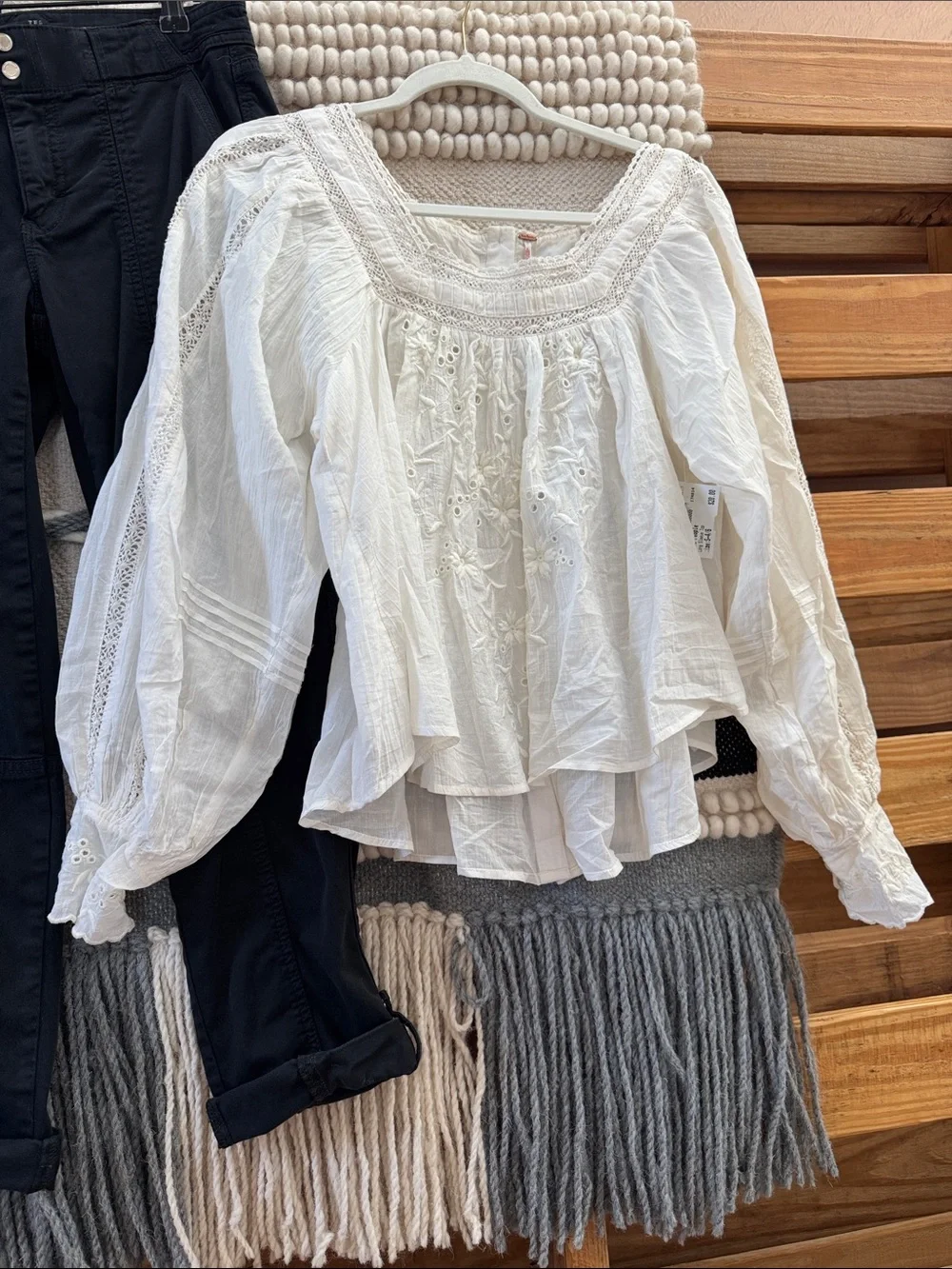 Free People White Boho Lace-Embroidered Peasant Top NWT
